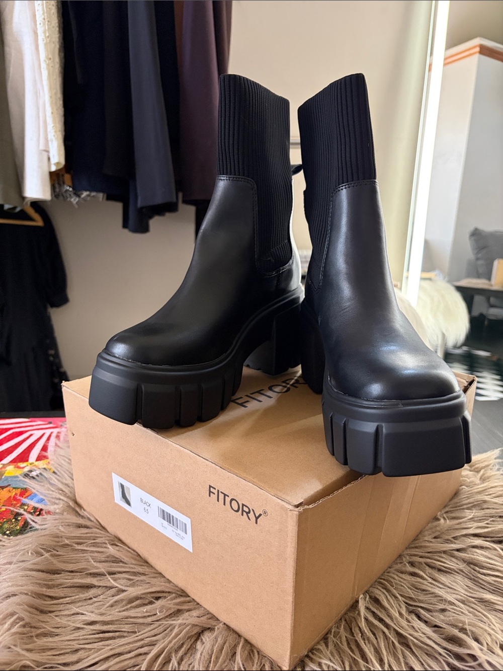 Fitory Black Chunky Platform Chelsea Ankle Boots